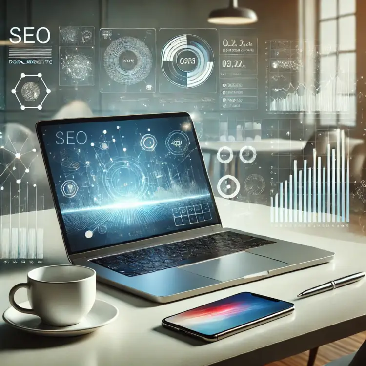 DALL·E 2025 02 27 12.54.22 A professional and realistic image representing SEO and digital marketing. The scene should include a modern workspace with a laptop displaying an ana